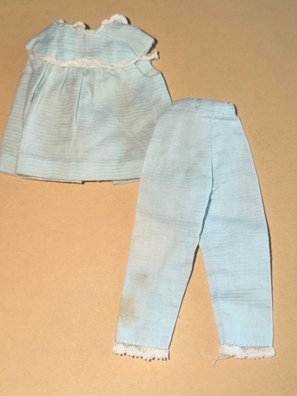 Vintage Barbie Size Baby Blue Pajama Set with Lacy Accents